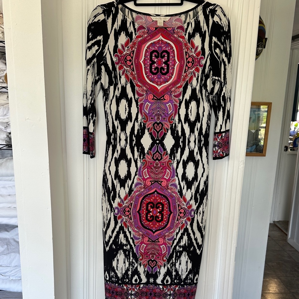Boston Proper Black & Pink Patterned Long-Sleeve Sheath Dress